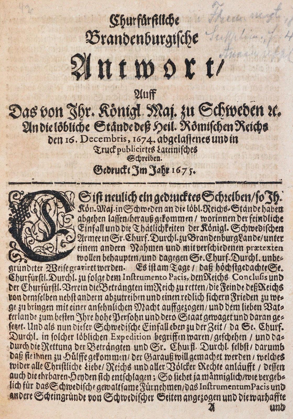 Churfürstliche Brandenburgische Antwort, | Bild Nr.1