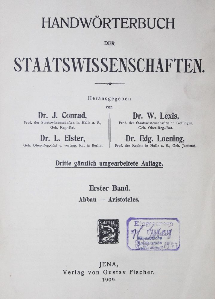 Große Abbildung Nr.1: 120-240 Handwörterbuch der Staatswissenschaften.: (Politik und Staatswissenschaften)