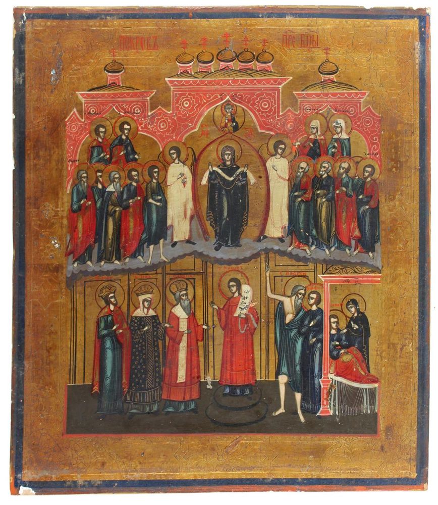 Große Abbildung Nr.1: 120-3107 Gottesmutter Pokrov und der Sänger Romanos.: (Künstlergraphik, Ikonen)