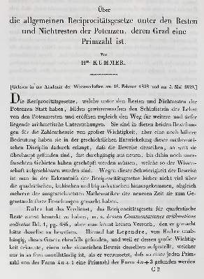 Bild Nr.1: 120-1133 Kummer,(E.E.).: (Verschiedene Gebiete - Varia, Mathematik)