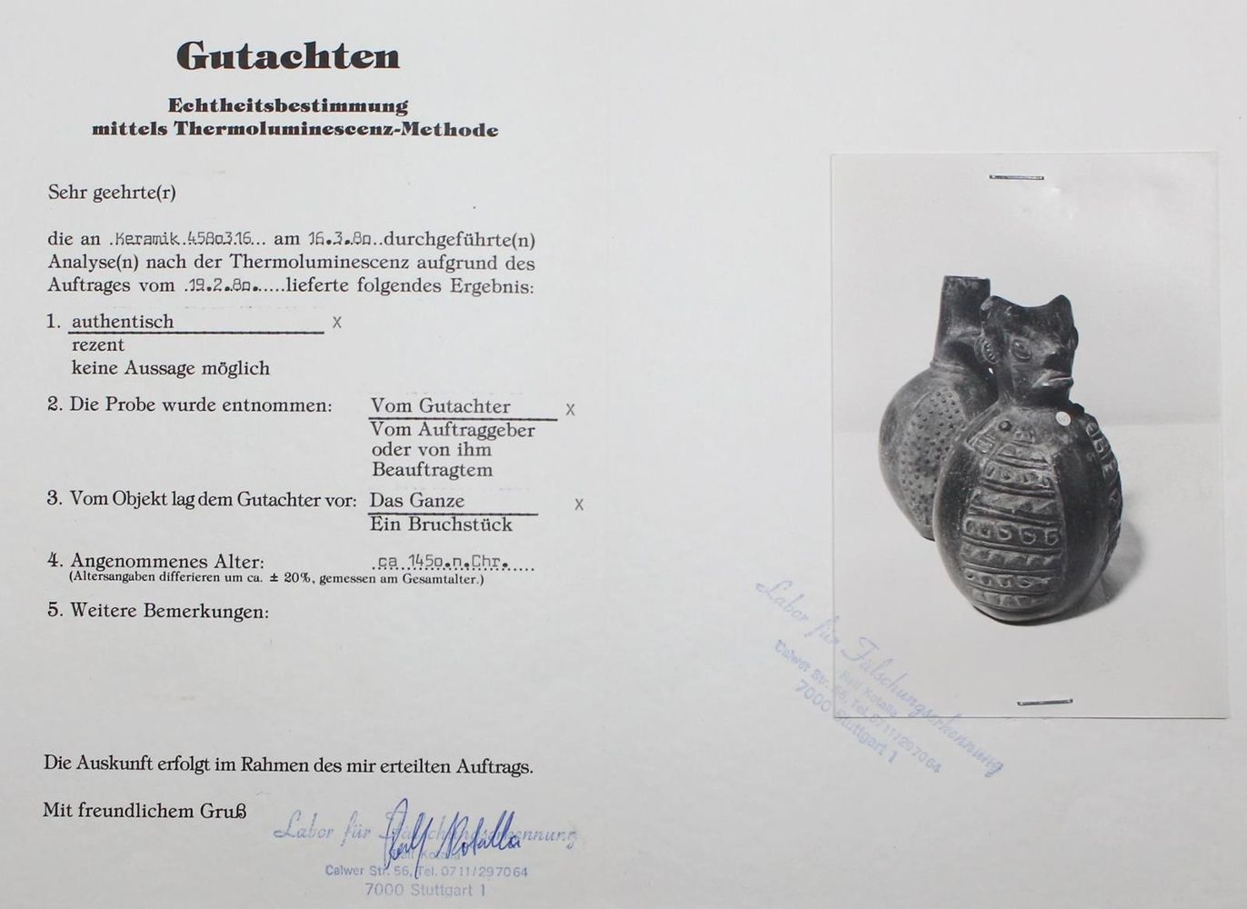 Große Abbildung Nr.4: 121-1876 Steigbügelgefäß mit TL-Analyse: (Volkskunst)