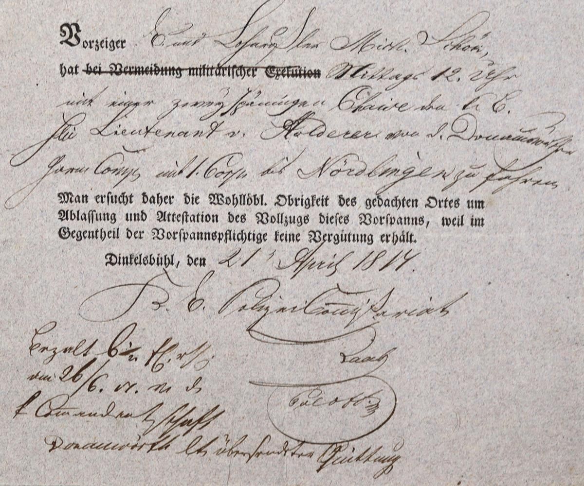 Große Abbildung Nr.1: 121-446 Beförderungsschein: (Postwesen, Dinkelsbühl)