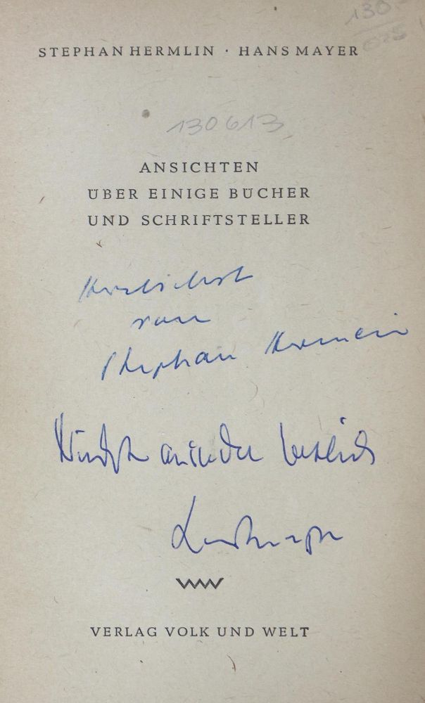 Große Abbildung Nr.1: 121-791 Hermlin,S. (d.i. R.Leder) u. H.Mayer.: (Literatur und illustrierte Bücher 20.Jahrhundert - Alte Literatur in modernen Ausgaben)