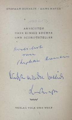 Bild Nr.1: 121-791 Hermlin,S. (d.i. R.Leder) u. H.Mayer.: (Literatur und illustrierte Bücher 20.Jahrhundert - Alte Literatur in modernen Ausgaben)