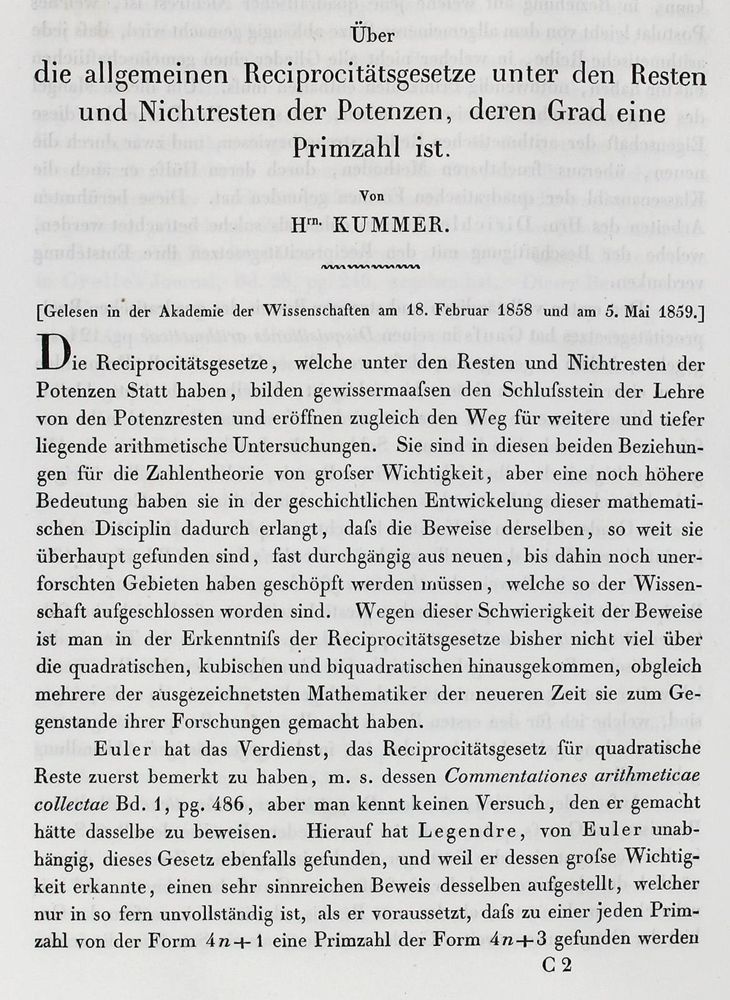 Große Abbildung Nr.1: 122-1027 Kummer,(E.E.).: (Verschiedene Gebiete - Varia, Mathematik)