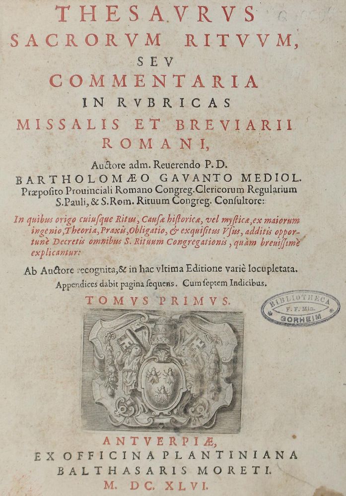 Große Abbildung Nr.1: 123-151 Gavanti,B.: (Alte Drucke, Handschriften und Theologie)