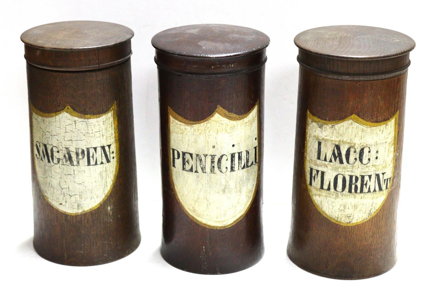 Große Abbildung Nr.1: 123-2127 Apothekergefäße Standgefäße.: (Apothekenwesen, Holz)