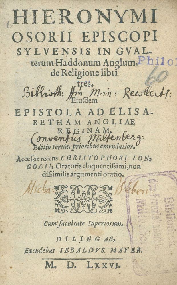 Große Abbildung Nr.1: 123-280 Osorius,H. (d.i. Jeronimo Osorio da Fonseca).: (Alte Drucke, Handschriften und Theologie)