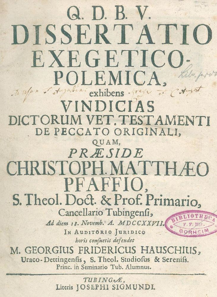 Große Abbildung Nr.1: 123-291 Pfaff,C.M. (Praes.).: (Alte Drucke, Handschriften und Theologie)
