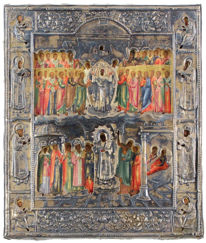 Große Abbildung Nr.1: 123-3427 Gottesmutter Pokrov und der Sänger Romanos.: (Künstlergraphik, Ikonen)