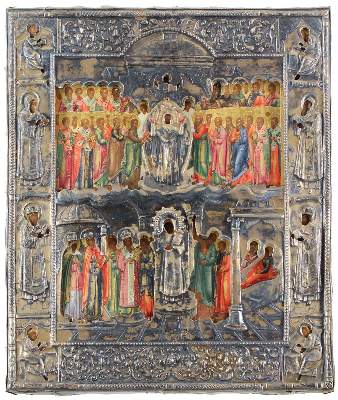 Bild Nr.1: 123-3427 Gottesmutter Pokrov und der Sänger Romanos.: (Künstlergraphik, Ikonen)
