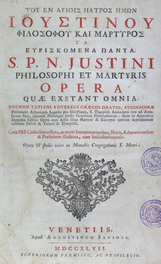 Große Abbildung Nr.1: 125-1133 Justinus Martyr.: (Literatur und illustrierte Bücher bis 19.Jahrhundert)