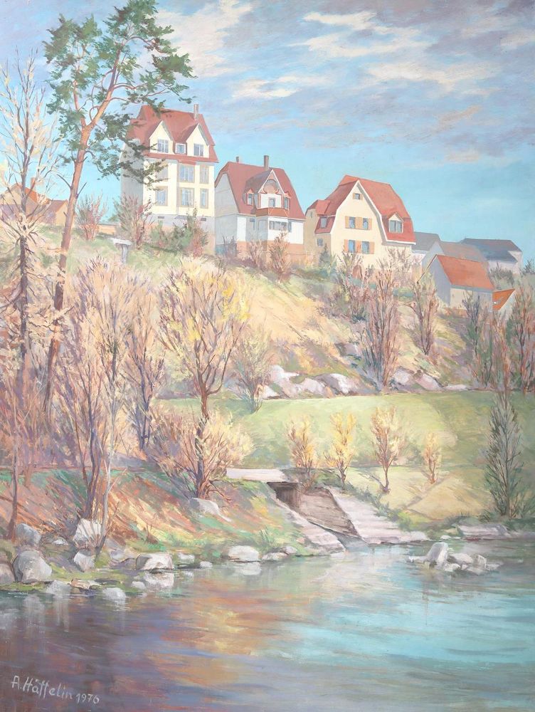 Große Abbildung Nr.1: 125-3247 Häuser am Nagoldufer mit Silhouette Burg Hoheneck.: (Deutschland, Pforzheim)
