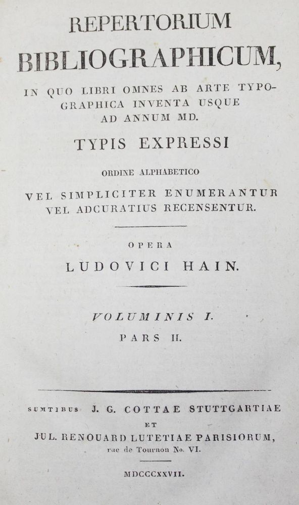 Große Abbildung Nr.1: 126-1057 Hain,L.: (Bibliographie und Buchwesen)