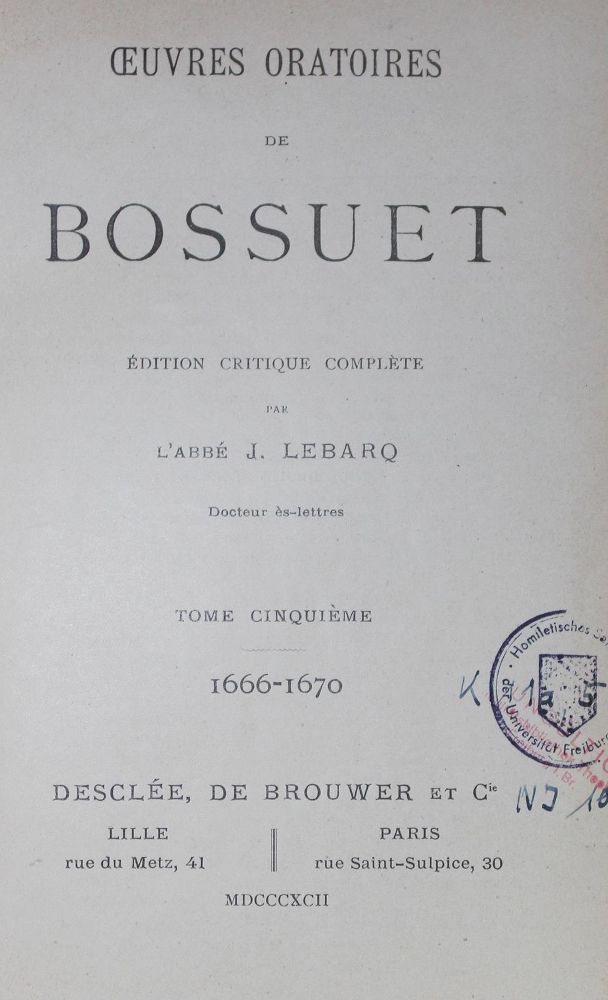 Große Abbildung Nr.1: 126-1213 Bossuet,J.B.: (Literatur und illustrierte Bücher bis 19.Jahrhundert)