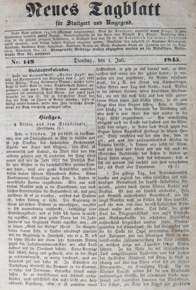 Große Abbildung Nr.1: 126-1867 Neues Tagblatt: (Deutschland, Stuttgart)