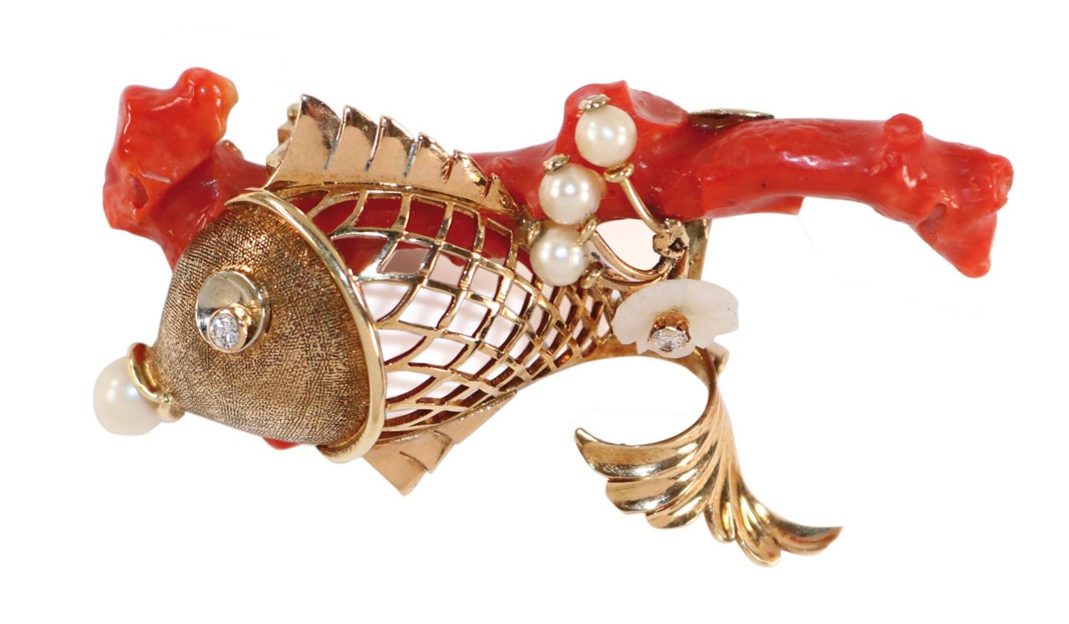 Große Abbildung Nr.1: 126-2421 Prächtige Korallen-Goldbrosche: (Schmuck, Koralle)