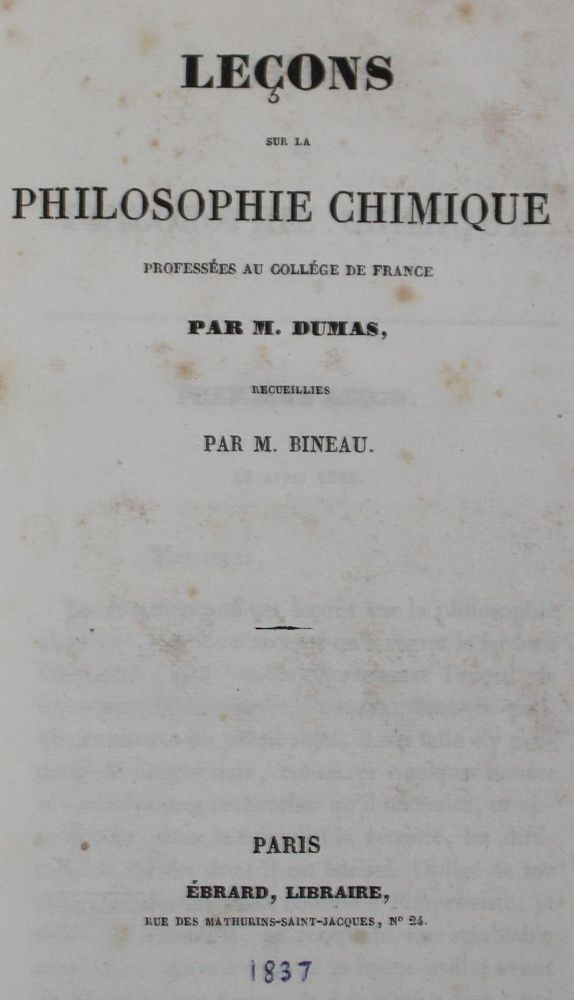 Große Abbildung Nr.1: 127-114 Dumas,(J.B.).: (Aus der Sammlung Professor Dr.Dr.Johannes Büttner Teil 1)