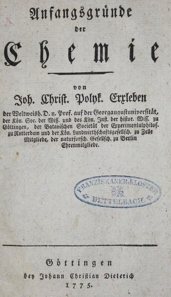 Große Abbildung Nr.1: 127-1539 Erxleben,J.C.P.: (Verschiedene Gebiete - Varia, Chemie)