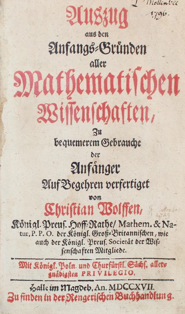 Große Abbildung Nr.1: 127-1559 Wolff,C.F.v.: (Verschiedene Gebiete - Varia, Mathematik)