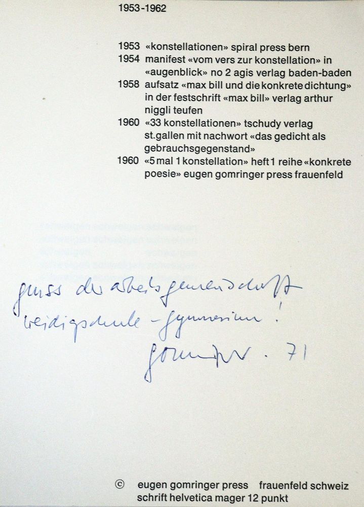Große Abbildung Nr.1: 128-1590 Gomringer,E.: (Literatur und illustrierte Bücher 20.Jahrhundert - Alte Literatur in modernen Ausgaben)