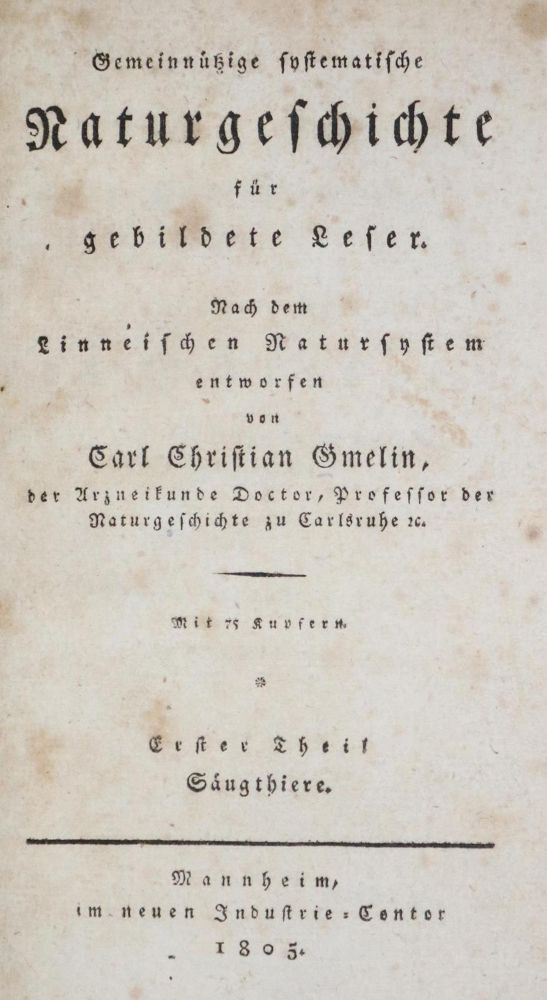 Große Abbildung Nr.1: 129-1431 Gmelin,C.C.: (Zoologie, Säugetiere)