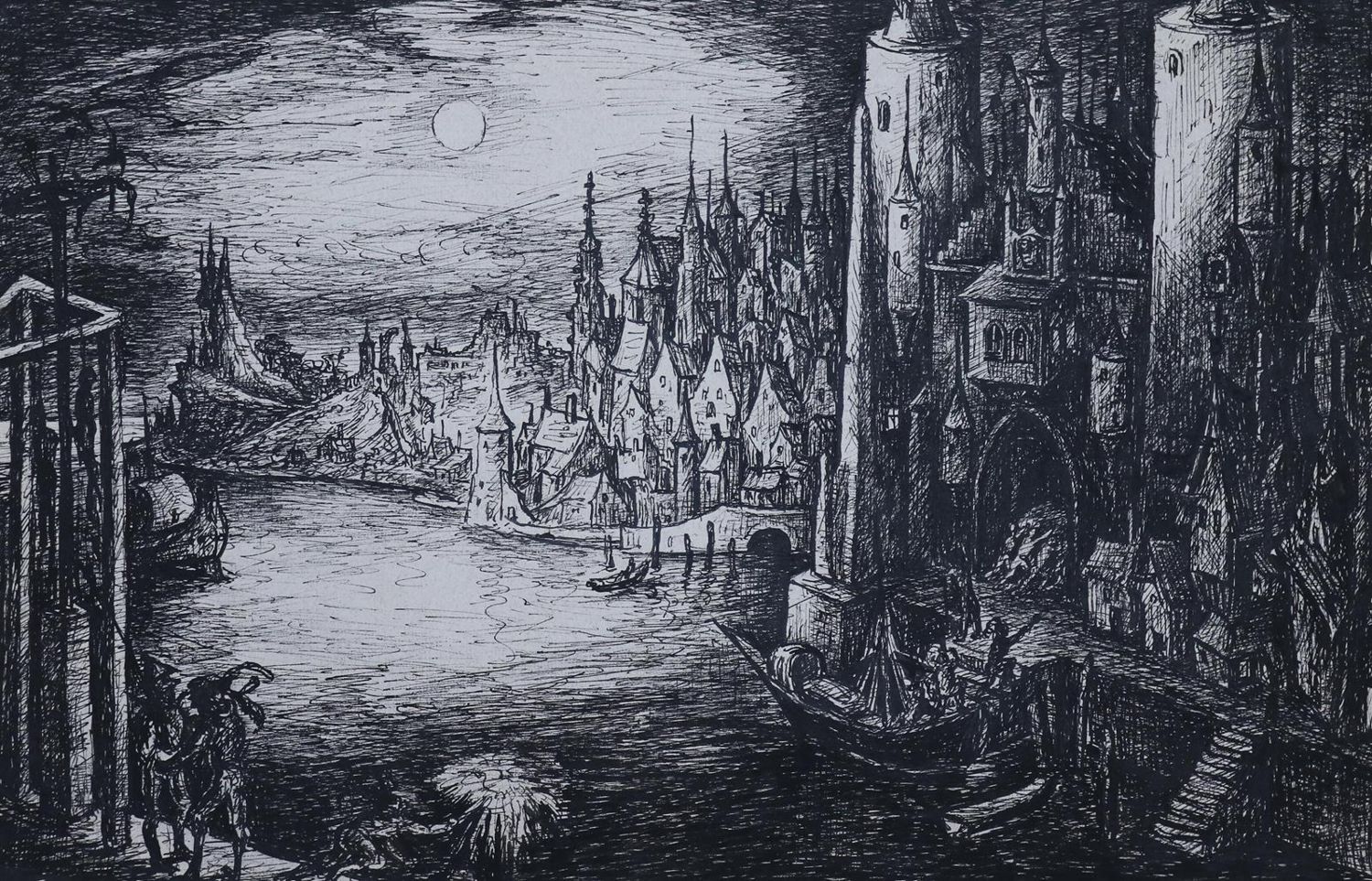 Große Abbildung Nr.1: 129-4171 Mittelalterliche Stadtansicht.: (Künstlergraphik, Zeichnung)
