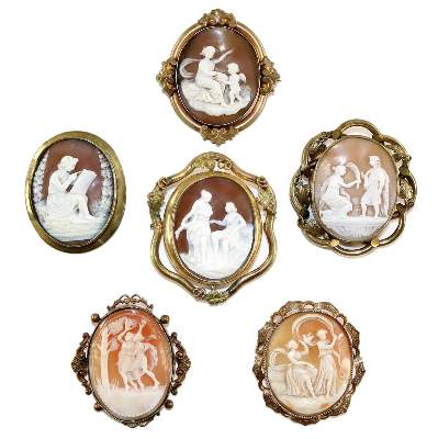 Bild Nr.1: 129-2562 Sechs Muschelkameen.: (Schmuck, Broschen, Gemmen und Kameen)
