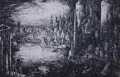Bild Nr.1: 129-4171 Mittelalterliche Stadtansicht.: (Künstlergraphik, Zeichnung)