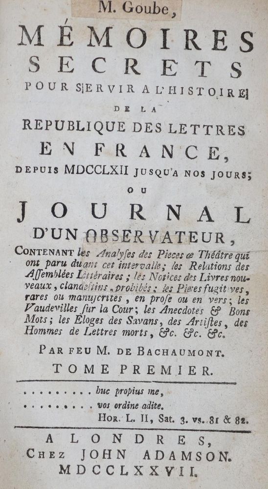 Große Abbildung Nr.1: 130-1143 Bachaumont, L. Petit de u.a.: (Literatur und illustrierte Bücher bis 19.Jahrhundert)
