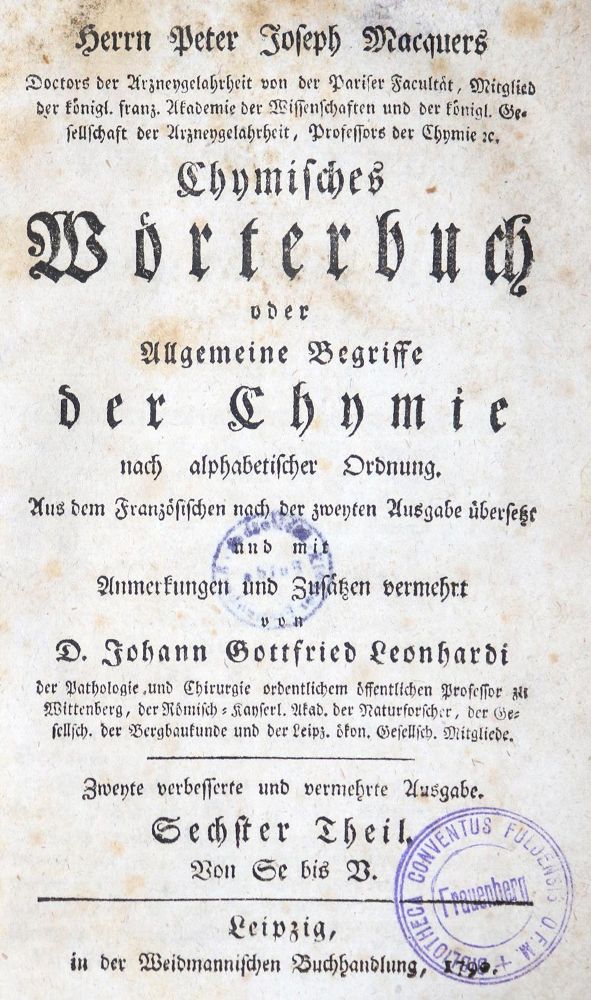 Große Abbildung Nr.1: 130-1959 Macquer,P. u. J.G.Leonhard.: (Verschiedene Gebiete - Varia, Chemie)
