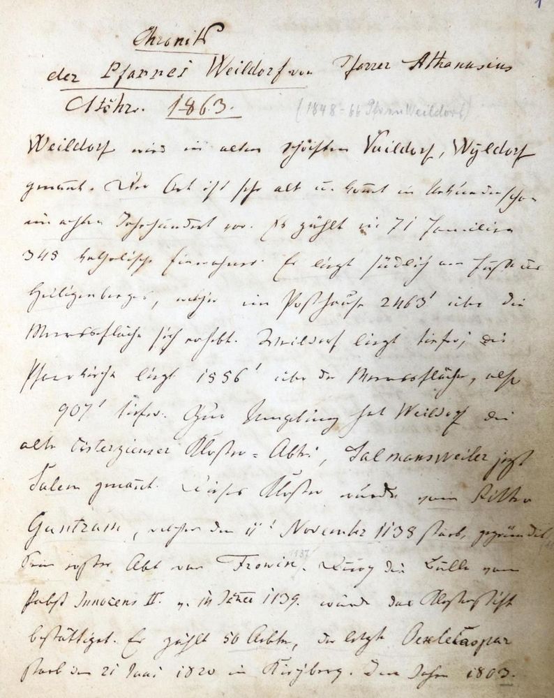 Große Abbildung Nr.1: 130-2301 Chronik der Pfarrei Weildorf: (Deutschland, Weildorf, Handschriften)