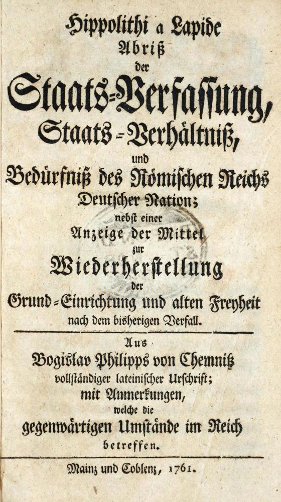 Große Abbildung Nr.1: 130-372 (Chemnitz,B.P.v. Pseud.:) Hippolithus a Lapide.: (Politik und Staatswissenschaften)