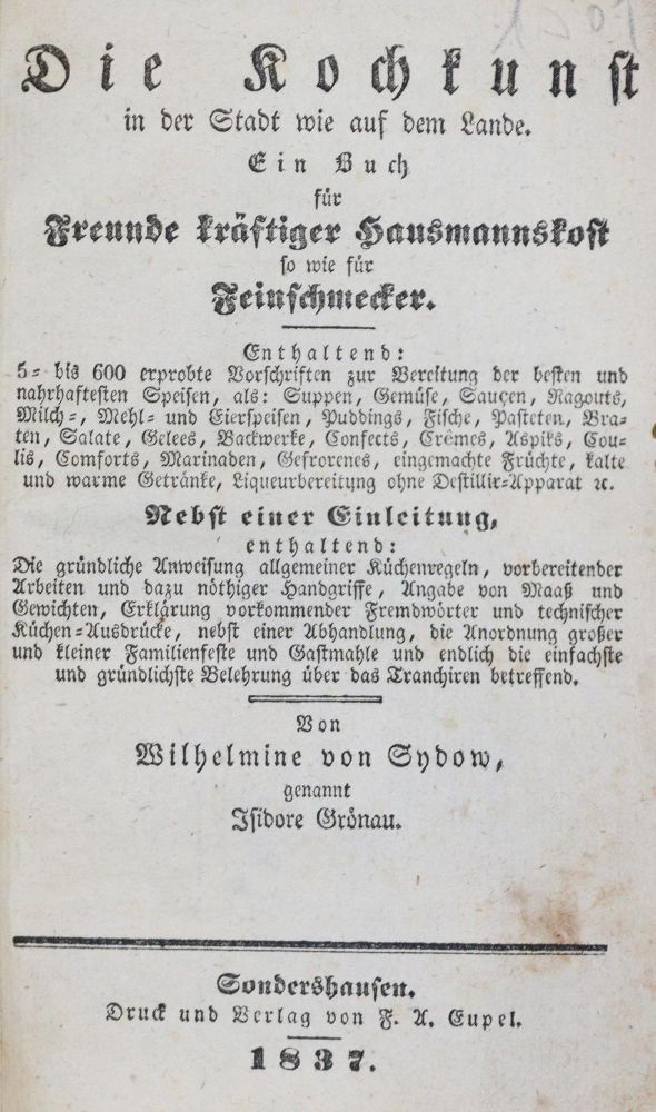 Große Abbildung Nr.1: 130-655 Sydow,W.v. (gen. Isidore Grönau).: (Küche und Haushalt, Kochbücher)