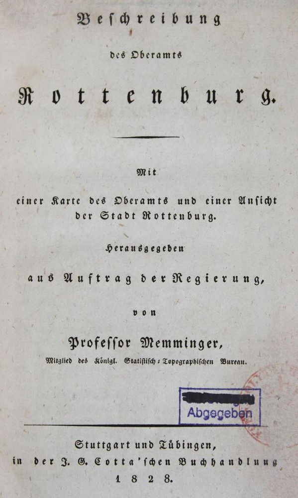 Große Abbildung Nr.1: 131-1606 Memminger,(J.D.G.).: (Deutschland, Rottenburg)