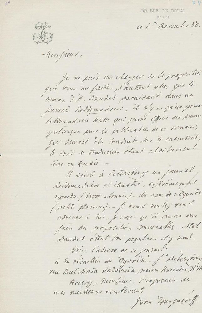Große Abbildung Nr.1: 131-1833 Turgenjew, Iwan,: (Autographen)