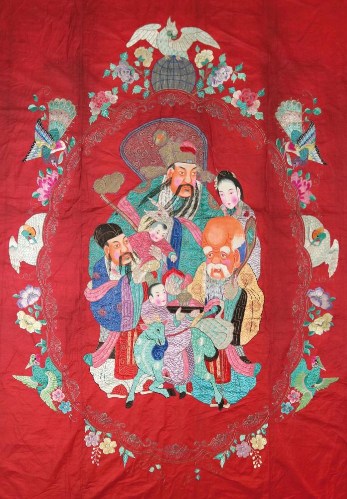Große Abbildung Nr.1: 131-1981 Fu, Lu, Shou Sanxing Wandbehang.: (Asiatika, China, Stoffe)
