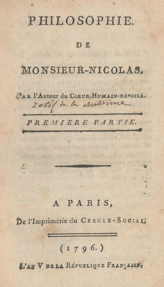 Große Abbildung Nr.1: 132-1016 (Restif de la Bretonne,N.E.).: (Literatur und illustrierte Bücher bis 19.Jahrhundert)