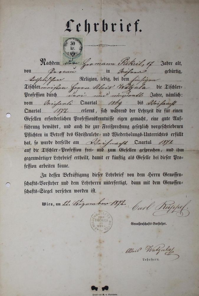Große Abbildung Nr.4: 132-1800 Lehrbrief: (Österreich, Handwerk)