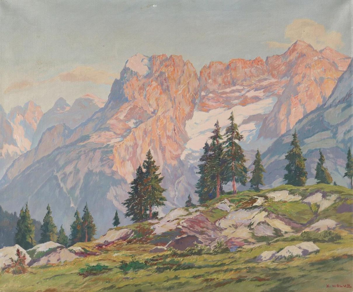 Große Abbildung Nr.1: 132-3268 Hochfläche mit Nadelbäumen,: (Künstlergraphik, Dolomiten)
