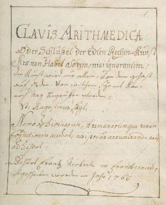 Bild Nr.1: 132-1500 Clavis Arithmedica: (Verschiedene Gebiete - Varia, Mathematik, Handschriften)