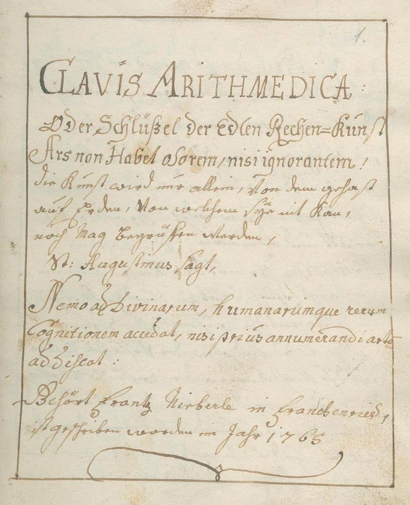 Große Abbildung Nr.1: 133-1325 Clavis Arithmedica: (Verschiedene Gebiete - Varia, Mathematik, Handschriften)