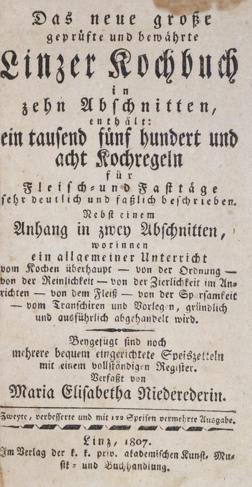 Große Abbildung Nr.1: 133-430 Niedereder(in),M.E.: (Küche und Haushalt, Kochbücher, Linz)