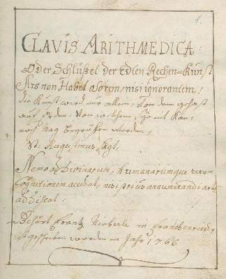 Bild Nr.1: 133-1325 Clavis Arithmedica: (Verschiedene Gebiete - Varia, Mathematik, Handschriften)