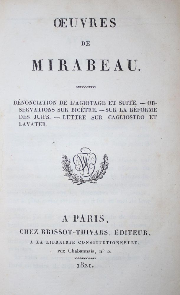 Große Abbildung Nr.1: 134-1066 Mirabeau,(G.H.R.de).: (Literatur und illustrierte Bücher bis 19.Jahrhundert)