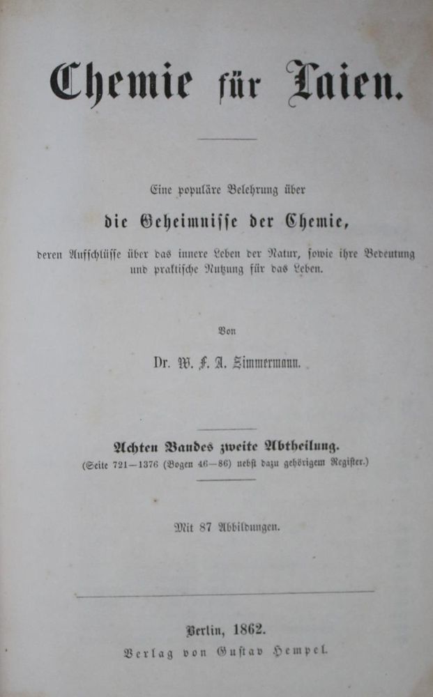 Große Abbildung Nr.1: 134-1522 Zimmermann,W.F.A. (d.i. C.G.W.Vollmer).: (Verschiedene Gebiete - Varia, Chemie)
