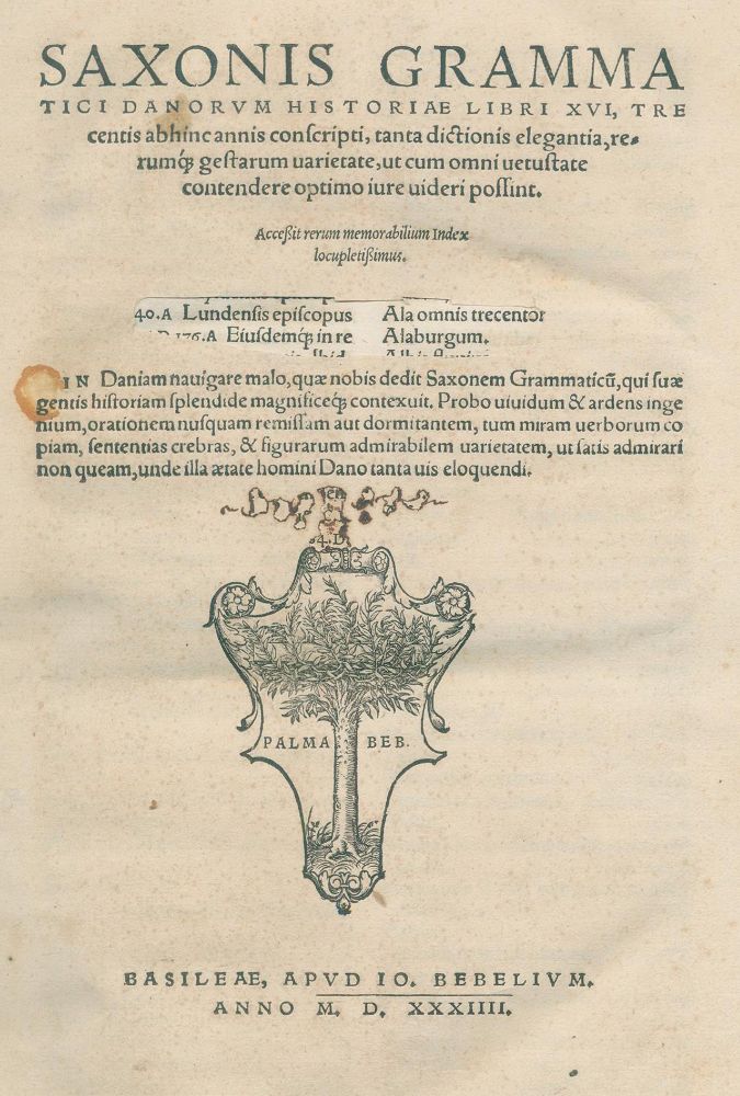 Große Abbildung Nr.1: 134-341 Saxo Grammaticus.: (Alte Drucke, Handschriften und Theologie)