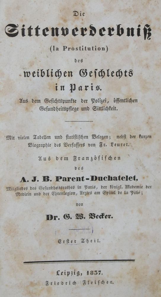 Große Abbildung Nr.1: 135-1188 Parent-Duchatelet,A.J.B.: (Sexualwissenschaft, Prostitution)