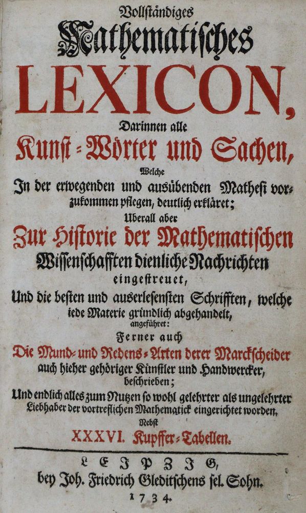 Große Abbildung Nr.2: 135-1830 Vollständiges mathematisches Lexicon,: (Verschiedene Gebiete - Varia, Mathematik)