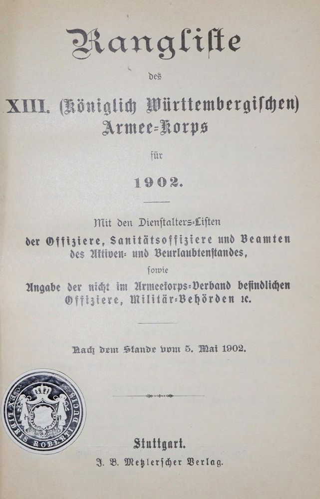 Große Abbildung Nr.1: 135-834 Rang- und Quartier-Liste: (Militaria, Württemberg)
